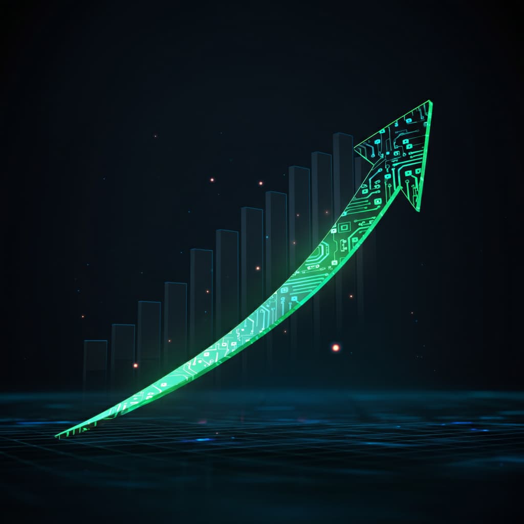 A futuristic graphic showing a rising stock chart intertwined with AI circuit designs, symbolizing how to invest in AI.